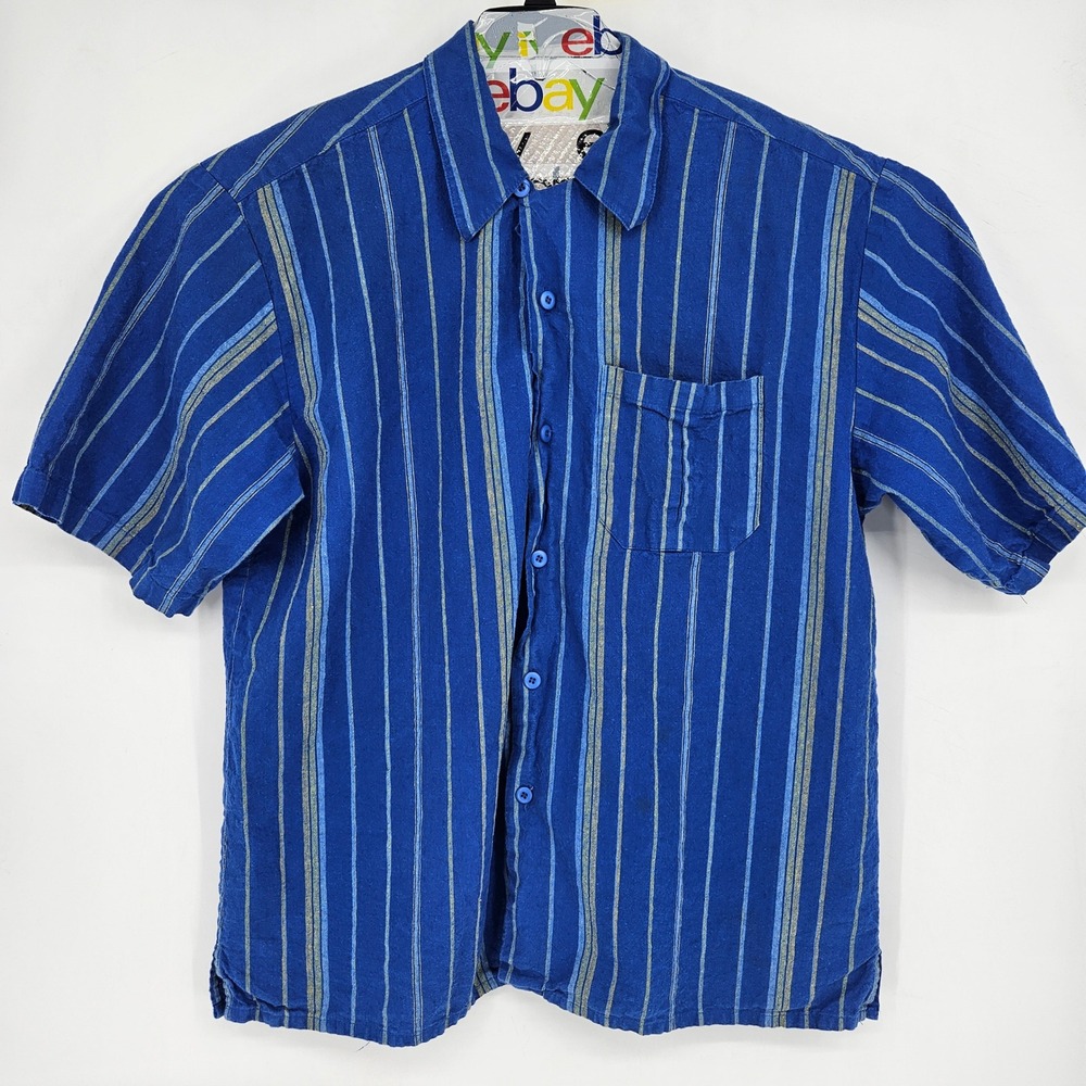 Vintage Smokey Joes Shirt Mens XXL Button Up Blue Striped Linen Blend